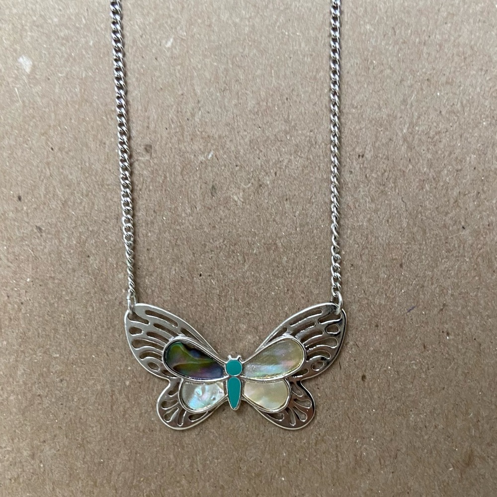 Vintage Artistry Abalone Butterfly Necklace Silver